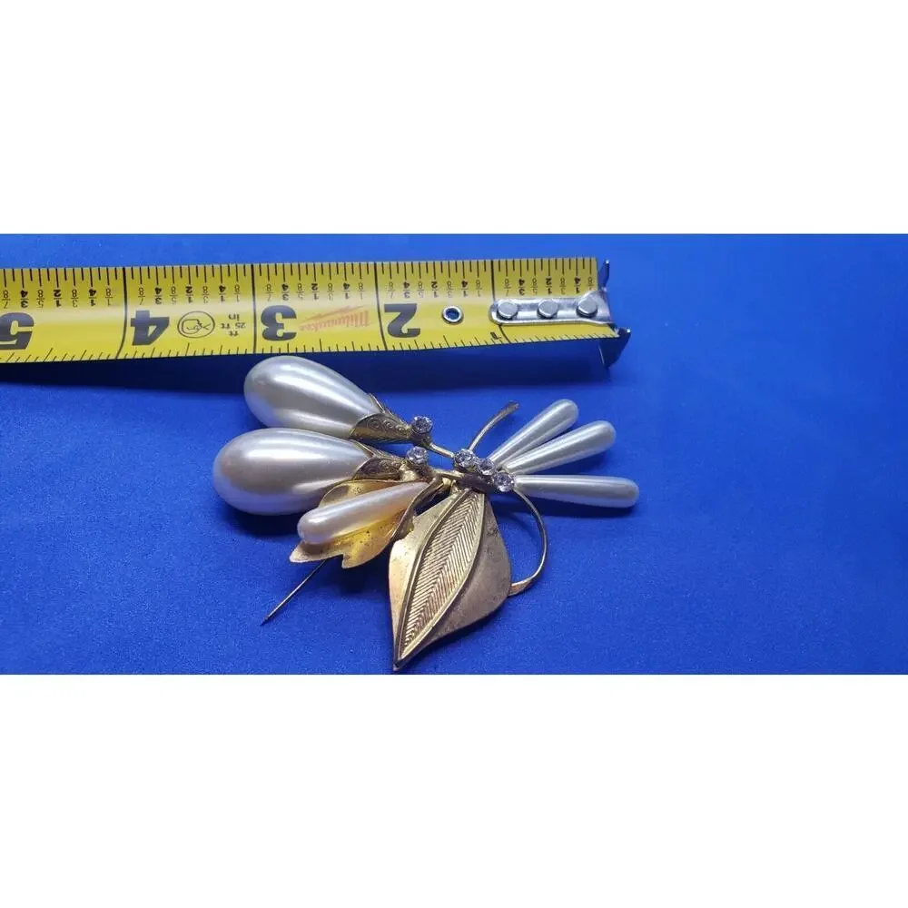 Antique Art Nouveau Brooch Big Faux Pearl & Calla Lily Flowers Gold leaves